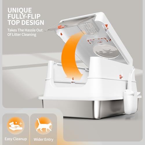 Image of Stainless Steel Cat Litter Box with Lid, Enclosed Extra Large Metal Litter Pan for Big Cats, Full Flip Cover High Sided LitterBox Include Scoop, Easy Cleaning, Non-Stick, White
