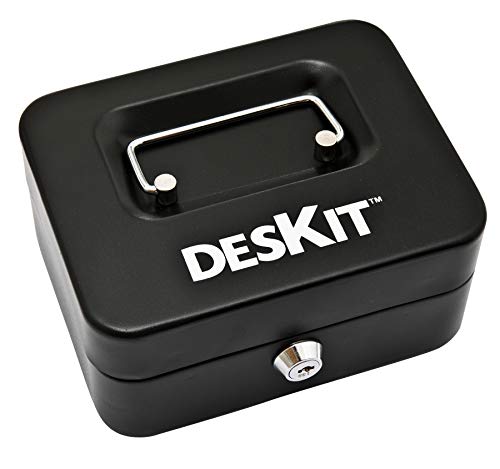 DESKit Geldkassette extra stark schwarz abschließbar Geldkassette groß 200x160x90mm Stahlkassette Bargeld-Kasse Geldbox Geldsafe 5 Münzfächer Scheinfach Zylinderschloss Cover