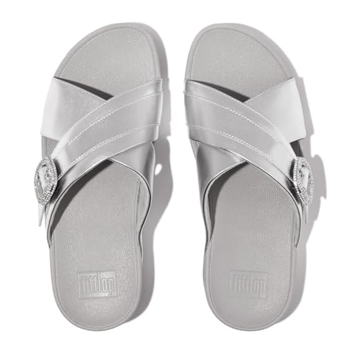 Image of FitFlop Women's Lulu Crystal-Buckle Leather Cross Slide Sandal