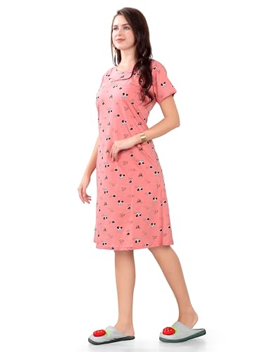 Image of Printed Knee Length Pocket Night Dresses for Women | Cat Lovers | Premium Soft Cotton Nighty | Sky Blue