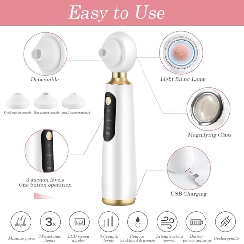 Image of Blackhead Remover, Beautiful Skin Care Expert Acne Pore Cleaner Vacuum Blackhead Remover Kit Skin Cleanser, Pimple Removal Tool With LED 50X Magnifier, 3 In 1 Multi-Function Silicone Blackheads(White Magnifie Derma Suction)