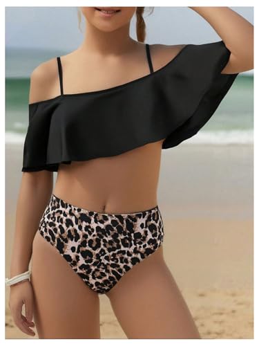 Girl's 2 Piece Swimsuit Cold Shoulder Ruffle Bikini Set Leopard Bathing Suit4