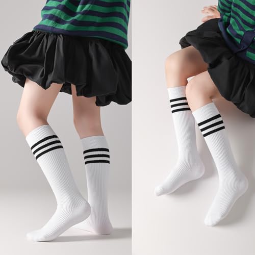 Cotton Knee High Socks for Girls,Long Tube School Uniform Socks with Stripes,White Navy 3-5/5-8/8-10 Years Old4