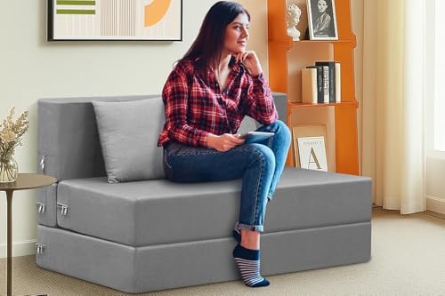 Image of Easy Foldable Two Seater Sofa Cum Bed in Grey Color Jute Fabric Washable Cover with Two Cushion 4x6 Feet for Home & Office Guest Room