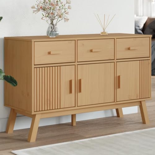 Yunovire Olden Aparador marrón 114 x 43 x 73,5 cm, madera maciza de pino, diseño escandinavo, con 3 cajones y 3 puertas, para salón, pasillo y comedor, espacio de almacenamiento estable