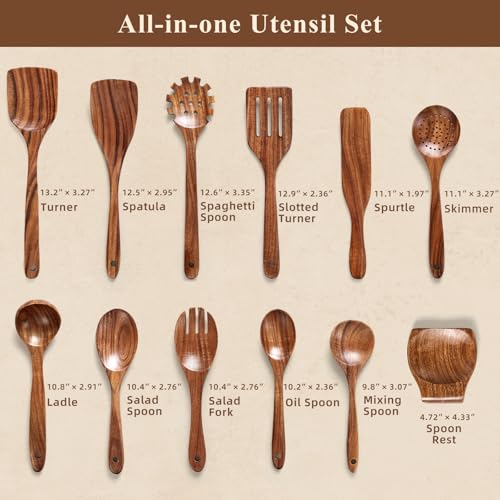 Wooden Spoons for Cooking, 12 Pcs Nonstick Wooden Cooking Utensils Set with Comfort Grip – 100% Natural Teak Wood - Sturdy, Lightweight & Heat Resistant Kitchen Utensils - Image 4