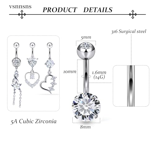 Vsnnsns 14G Dangle Belly Button Ring Piercing Jewelry 316L Stainless Surgical Steel Heart Flower CZ Reverse Navel Rings Dangling Belly Button Ring Piercing Jewelry for Women 14 Gauge Hypoallergenic3