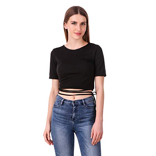 Image of Crop Tops for Women Stylish Clothing top-Tshirt for Girls with Finest Black Color Slim fit with tieup Half Sleeves Pack of 1
