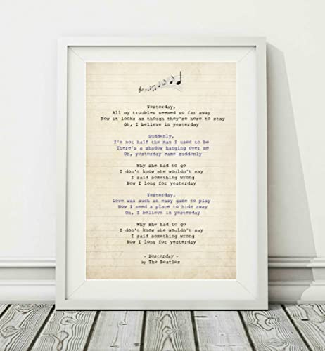 Poster de paroles de la chanson The Beatles – Yesterday (sans cadre) – Tailles A4 (29,7 x 21 cm) et A3 (42 x 29,7 cm) (A3) - Les Beatles, Paul McCartney, John Lennon, RIngo Starr, George Harrison Poster de paroles de la chanson The Beatles - Yesterday (sans cadre) - Tailles A4 (29,7 x 21 cm) et A3 (42 x 29,7 cm) (A3)