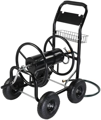 Heavy Duty Hose Reel Cart, Garden Hose Reel, Iron Frame with Storage Basket, Low Center of Gravity, Smooth Rolling Wheels, Foam-Padded Handle for Garden, Patio, 37 x 22.6 x 38.6