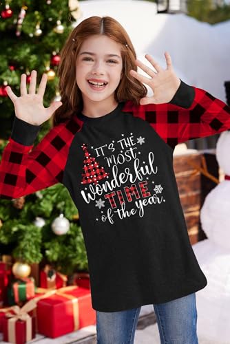 Image of BesserBay Girl's Christmas Buffalo Plaid Raglan Top Funny Holiday Graphic Shirt 4-14 Years