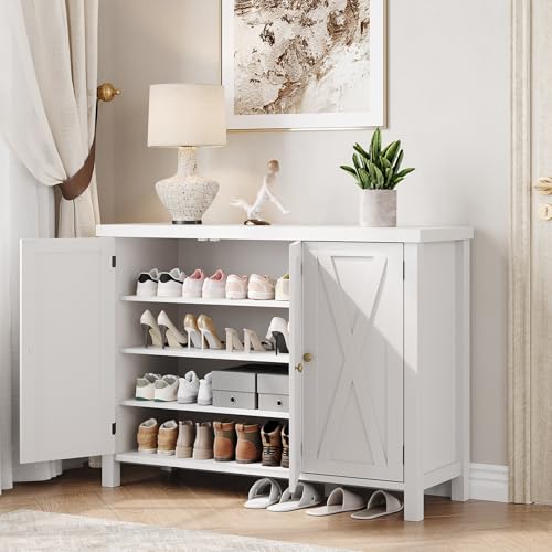 GarveeHome Shoe Cabinet with Doors, Farmhouse 35'' Shoe Storage Cabinet, 4-Tier Entryway Shoe Storage, Large Shoe Organizer Cabinet for Living Room Hallway, White