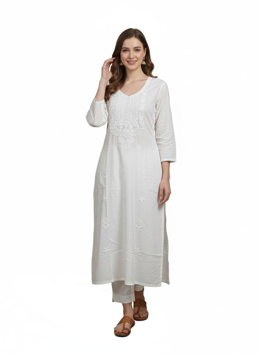 Women's White Pure Cotton Lucknowi Chikankari Kurti Elegant Ethnic Wear & Festive Office Kurta-image-7