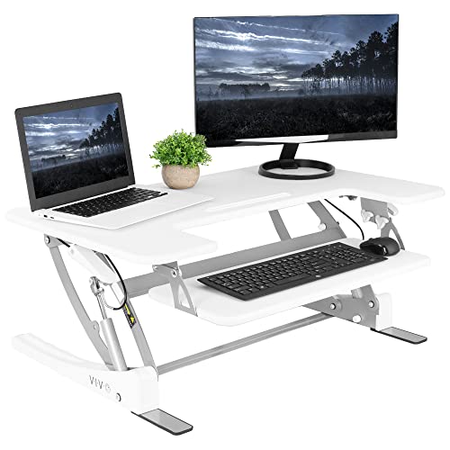 Image of VIVO White 36 inch Standing Desk Converter, DESK-V000VW | Height Adjustable, Stand Up Desk Riser, Wide Keyboard Tray, Dual Monitor and Laptop Workstation, V Series