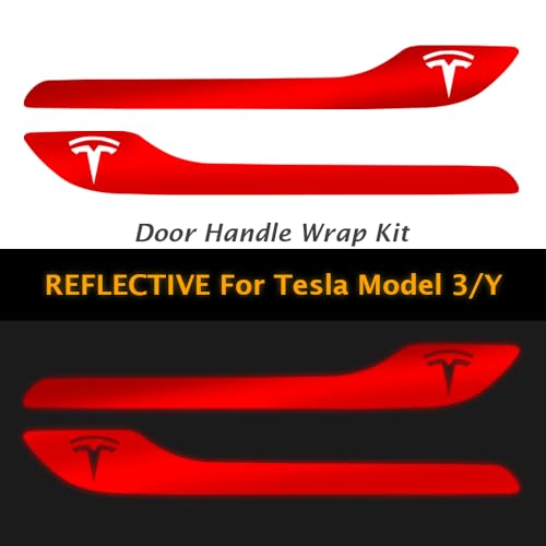 Image of IPG Compatible for Model 3 / Model Y /Juniper Door Handle Decal Sticker Wrap Kit (Set of 4) with Tesla Logo Personalize Your Tesla (Reflective Series - Red)