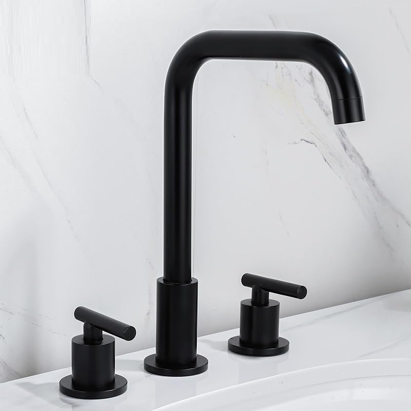 Mélangeur lavabo 3 trous noir avec grand bec courbé et double manette pour vasque de salle de bain