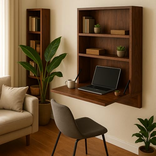 Image of Solid Sheesham Wood Wall Mounted Foldable Study Desk | Walnut Finish | Space Saving Writing Table with Shelves | Self Assembly with Screws & Plugs (Walnut)