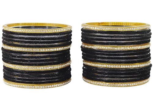 Image of NMII Fancy Glass Golden Zircon Diamond Stone & Velvet Finish Plain Bangles Set For Women & Girls | Glass Velvet Bangles | Kanch ki Chudiyan | Girl's Bangles Bracelet | Fashion Jewellery- Set of 32