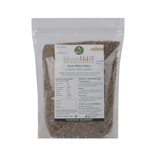 Image of GreenHabit Kodo Millet Flakes 500g - Nutritious and Gluten-Free kodo Poha Cereal - High Fiber Breakfast Vegan (Kodo Millet Flakes, 500 gm)