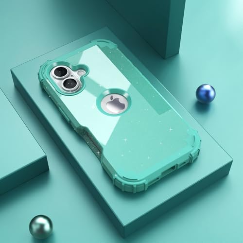 Coque iPhone cyan pailleté antichoc 3 en 1 avec protection écran