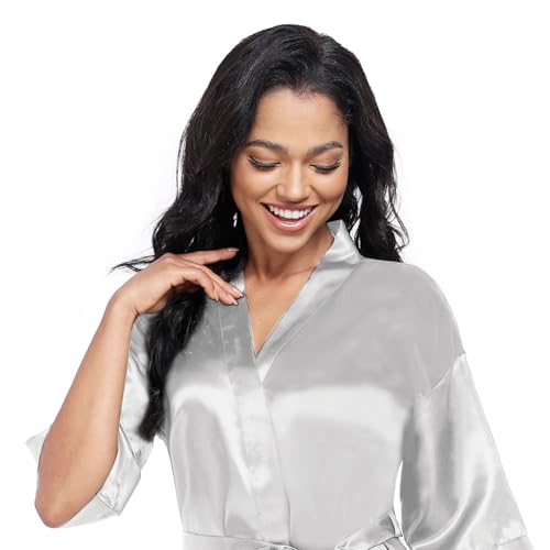 Image of Women's Short Satin Robes Lightweight Silky V-Neck Sleepwear Wedding Bridal Party Bride Bridesmaid Bathrobes