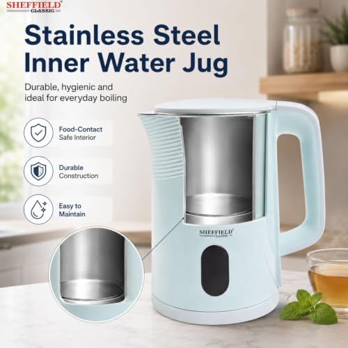 Image of SHEFFIELD CLASSIC 1.5L Cool Touch Electric Kettle for Home & Office | 1350W Fast Boil Stainless Steel Water Jug | Double-Wall Insulation, Automatic Shut-Off & 360 Cordless Base (Blue, BPA-Free)