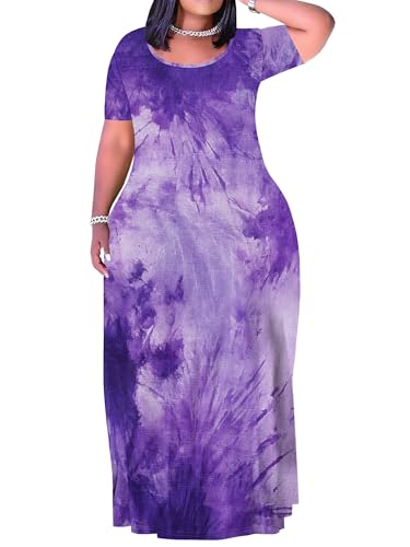 Image of PinkPatty Plus Size Dress for Women Casual Crew Neck Short Sleeve Maxi Dress Oversized Summer Beach Dresses with Pockets
