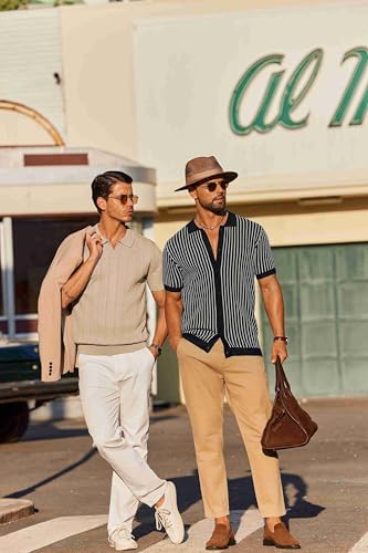 Image of COOFANDY Mens Knit Button Down Shirts Short Sleeve Polo Shirt Vintage Striped Casual Shirts