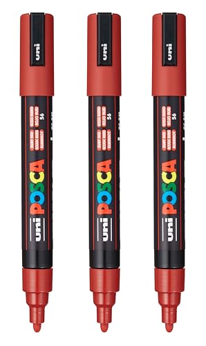 Image of posca PC-5M Water-Based Paint Markers, Reversible Medium Tip (1.8-2.5mm), Ruby Red, 3 Count