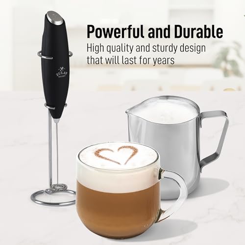 Image of Zulay Premium Gift Milk Frother Set - Handheld Coffee Frother with Stand, 12oz /350ml Frothing Pitcher + 4 Latte Art Stencils - 13,000 RPM Motor, SS Whisk, Battery Operated - Barista Kit (Black)