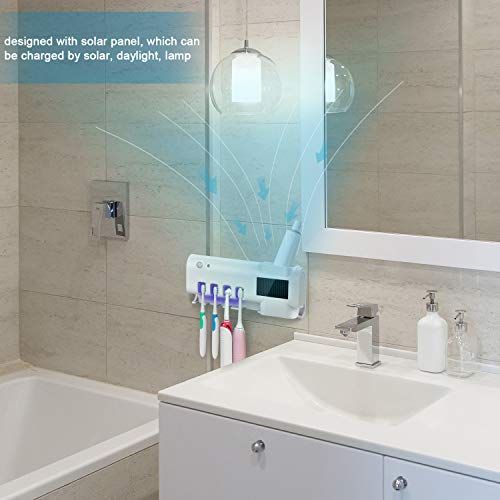TANGXIA UV Toothbrush Sterilizer Holder, Solar Powered Rechargeable Toothbrush Sanitizer, Wall Mounted Toothbrush Organizer with Timing Function for Washroom Bathroom -10 Seconds Disinfection