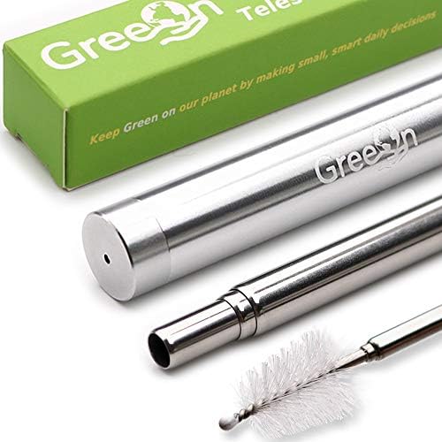 GreeOn Eco-friendly Reusable Telescopic Straw - Metal Portable Collapsible Straw (with Pocket Keychain Case & Folding Cleaning Brush) - Adjustable Straw for Home, Office & Travel Drinking (Silver)