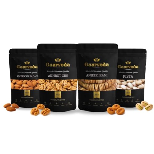 Image of GAURVEDA Premium Dry Fruits Mix: Almonds, Walnuts, Figs, Pistachios - Healthy Snack, for Diwali & Festive Occasions (50 Grams Each, Badam + Akhrot + Anjeer + Pista)