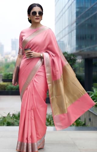 Image of Women's Cotton Blend Banarasi Saree With Unstitched Blouse Piece