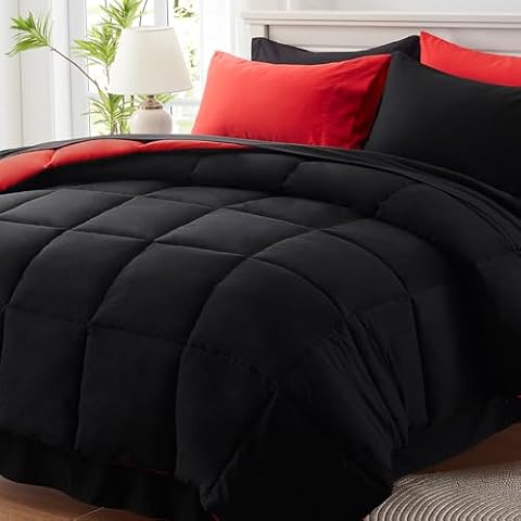 Anluoer Queen Comforter Set 7 Piece, Black Bed in a Bag with Sheets, Comforters Queen Size Bedding Sets with 1 Comforter, 2 Pillow Shams, 2 Pillowcases, 1 Flat Sheet,1 Fitted Sheet Cover