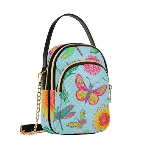 Cute Vintage Butterflies Blue Single Shoulder Handbag Women Cell Phone Wallet Chain Purse Floral Print Ladies Tote Crossbody Satchel, 5.9" × 8.3" × 3.1"2