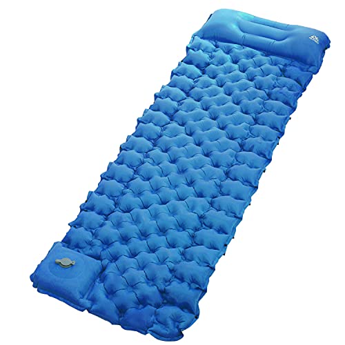 AKASO Camping Sleeping Pad, Built-in Foot Pump Inflatable Sleeping Mat with Pillow, Compact Ultralight Waterproof Camping Air Mattress for Backpacking Hiking Tent-Blue
