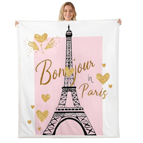 Feelyou Paris Plush Blanket for Woman Eiffel Tower Fuzzy Throw Blanket Chic French Style Fleece Blankets Romantic Pink Sherpa Blanket 50"x60"