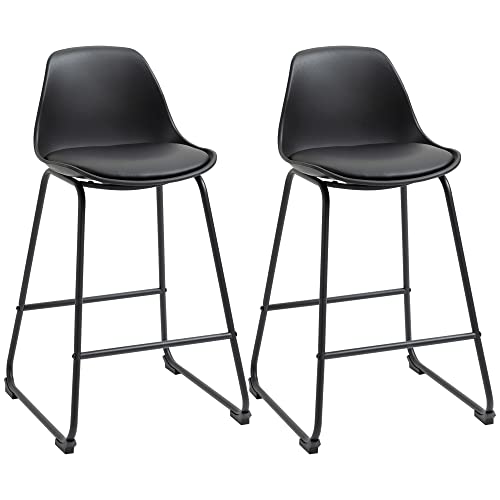 HOMCOM Juego de 2 Taburetes Altos de Cocina Tapizado en PU Taburetes de Bar con Base Antideslizante y Reposapiés Estilo Moderno Carga 120 kg 43x43x81,5 cm Negro