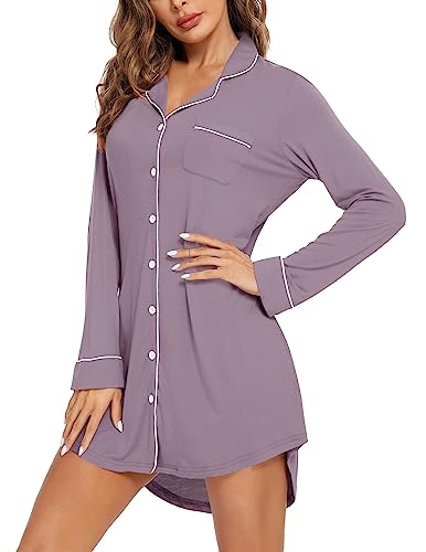 Image of Pjmlifecoco Nightgown for Women Button Down Sleepshirt Short /Long Sleeve Nightdress Soft Modal Sleepwear S-XXL