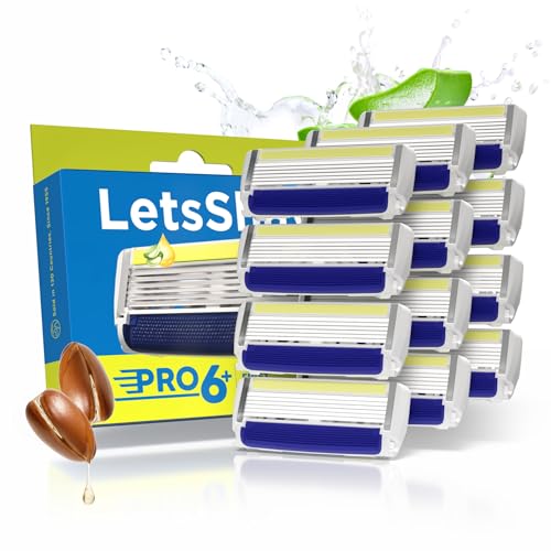 LetsShave Pro 6 Plus Lite Manual Shaving Razor Blades Refills (Cartridge), Pack of 12, World's First 6-Blade & Precison Back Blade with Argan Oil & Aloe Vera Infused Moisture Bar, Blades for Men