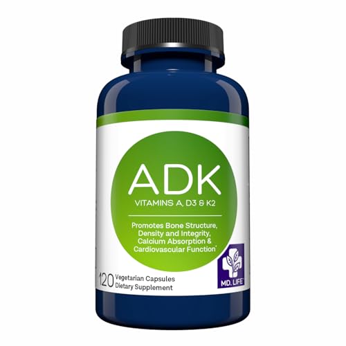 MD.LIFE ADK Vitamin Supplement &ndash; Vitamin D3 K2 and A Complex &ndash; 120 Capsules &ndash; High Potency...