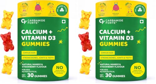 Image of Carbamide Forte Calcium for Kids + Vitamin D3 Gummies | Calcium Gummies for Kids With Phosphorus | Calcium Supplements For Growing Bones & Teeth | Mango & Strawberry Flavour | 30 Veg Gummy (Pack of 2)