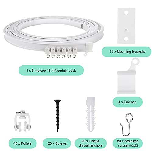Image of Jetec Flexible Bendable Ceiling Curtain Track, Mount for Rail with Curtain Tracks System Bunk Bed Window, Room Divider, Door, Shower, Rv(16.4 Feet / 5 Meters,White)
