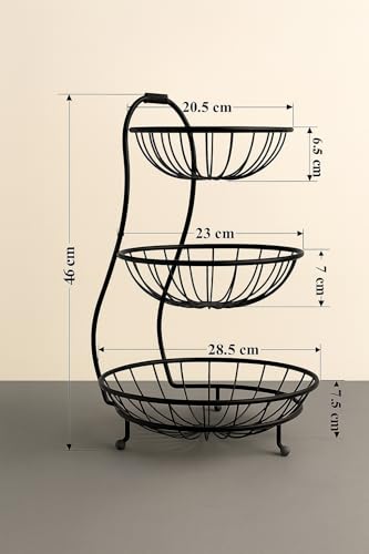 Image of 3-Tier Black Metal Fruit Basket for Kitchen Countertop | Large Capacity Tiered Wire Fruit Bowl Stand | Heavy Duty Vegetable & Produce Storage Organizer | Modern Farmhouse Decor
