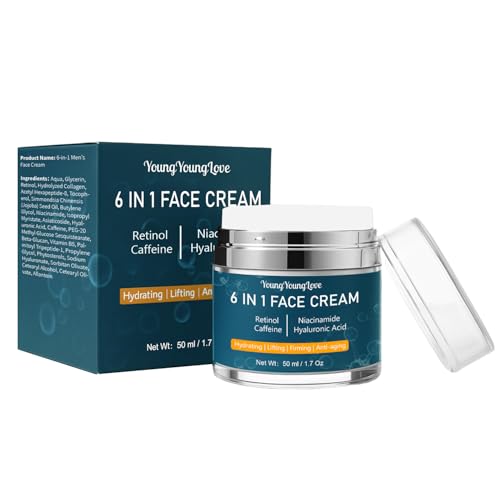 Creme facial 6 em 1 para homens com retinol, ácido hialurônico, niacinamida e cafeína, hidratante de rosto e pescoço para homens, antienvelhecimento, creme de retinol para olheiras faciais, rugas e