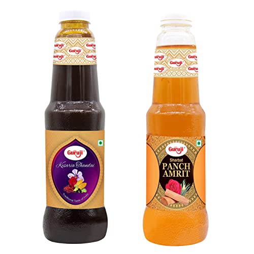 Image of Shree Guruji Kesaria Thandai & Panchamrit Sharbat Combo Pack Milk Beverage Instant Refreshing Drink for Summer Dry Fruit Syrup (1 Litre)