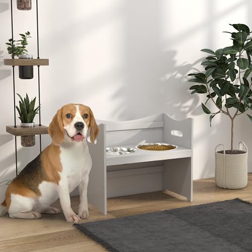 PawHut Erhöhter Hundenapf Höhenverstellbar Futternapf mit Ständer Wassernapf 2 x 2L Edelstahlnäpfen Langsamfutternapf verstellbar Fressnapf Futterstation Hundenäpfe für alle Hundegrößen, Weiß