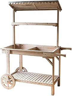 QLLL Wooden Outdoor Garden Potting Bench on Wheels - Work Station Table with Multiple Storage Shelf and Open Shelf - Natural Gardening Workbench with Cart Handles and Eaves