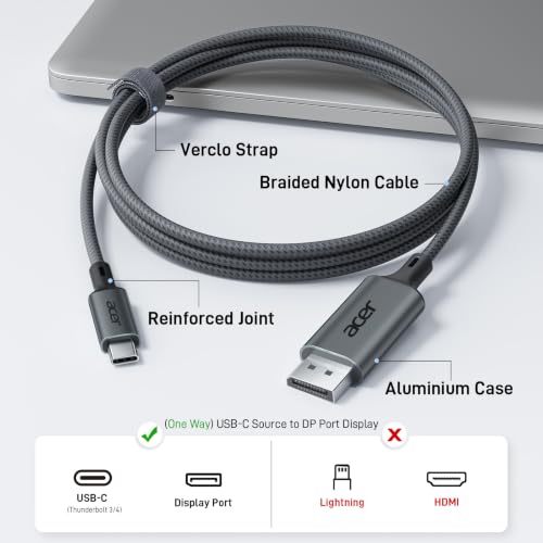 Image of acer USB C to Display Port Cable 6.6 FT (4K@60HZ 2K@165Hz), Type-C to Display Port Cord (Sturdy Aluminum, Plug & Play) Thunderbolt 3 /4 /5 Compatible with MacBook Pro /Air, iPhone 16 Pro /Max, XPS,Surface